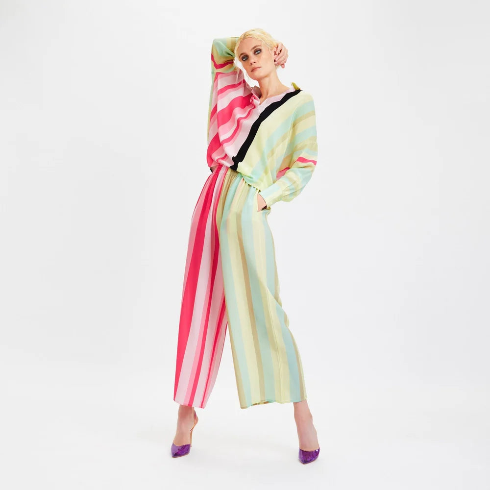 Colorful Stripe Printed Fancy Shirt + Pajama Pant Co-ord Sets